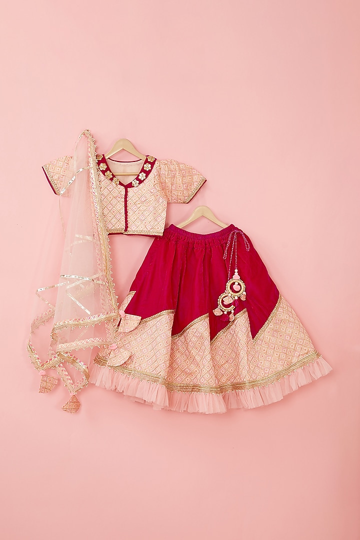 Pink Silk & Velvet Lehenga Set For Girls by ATIJAH