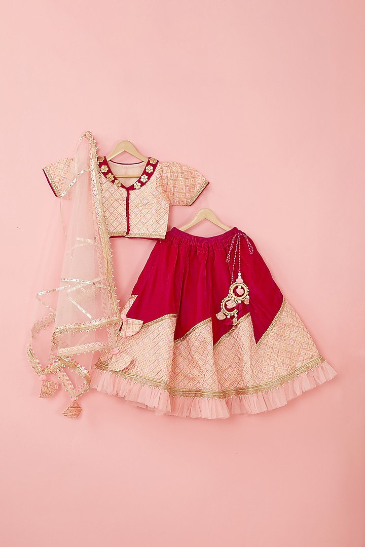 Pink Silk & Velvet Lehenga Set For Girls by ATIJAH at Pernia's Pop Up Shop