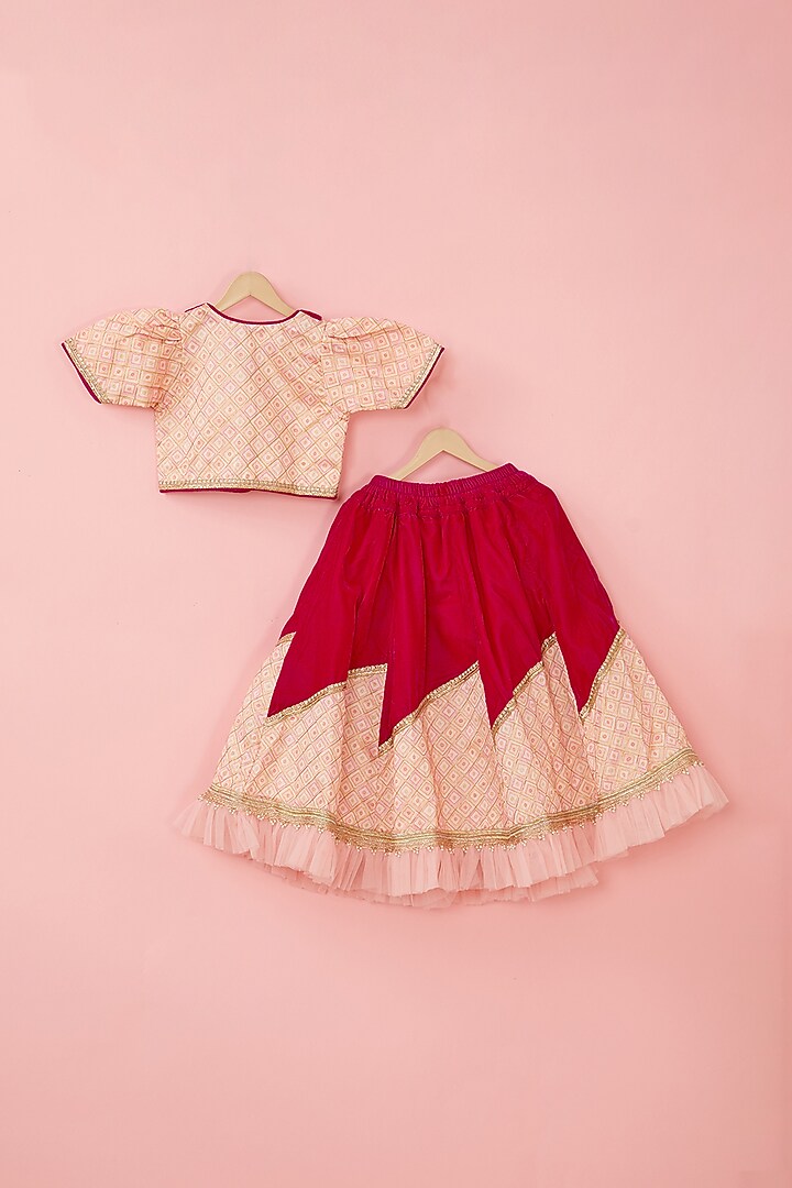 Pink Silk & Velvet Lehenga Set For Girls by ATIJAH at Pernia's Pop Up Shop