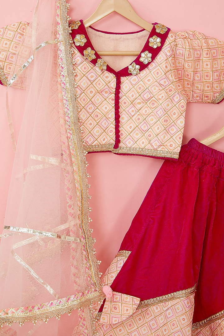 Pink Silk & Velvet Lehenga Set For Girls by ATIJAH at Pernia's Pop Up Shop