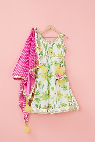 White Cotton Floral Printed Anarkali Set For Girls by ATIJAH
