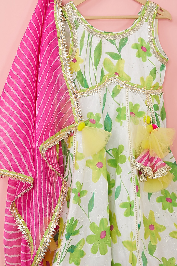 White Cotton Floral Printed Anarkali Set For Girls by ATIJAH at Pernia's Pop Up Shop