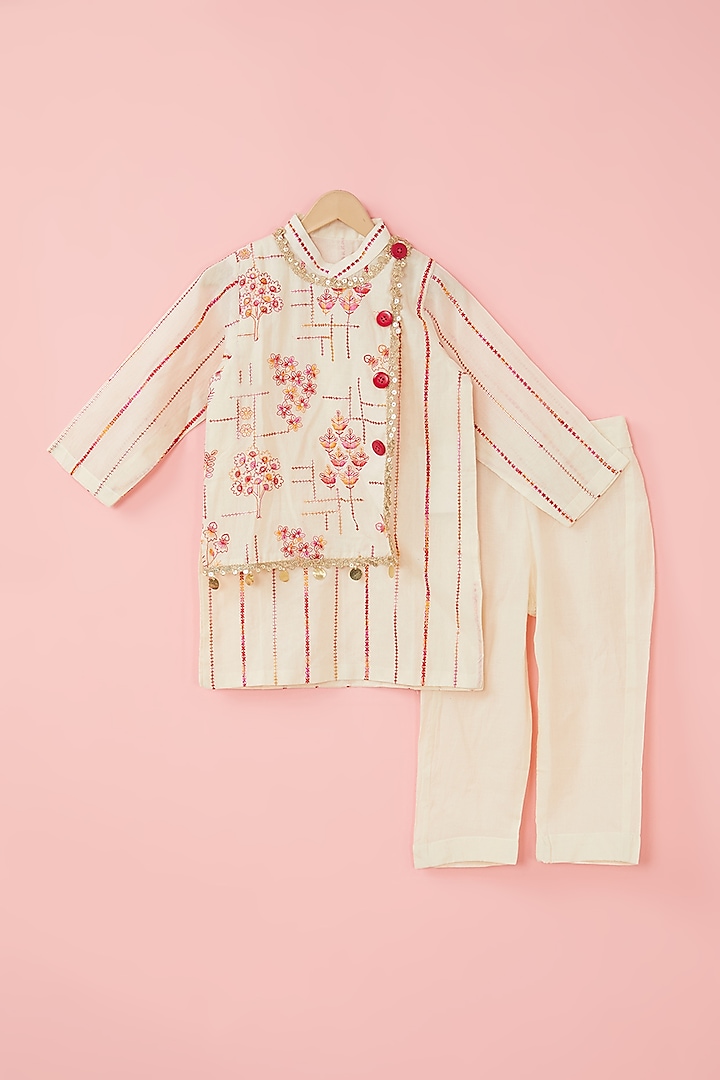 Off-White Cotton Thread Embroidered Kurta Set For Boys by ATIJAH