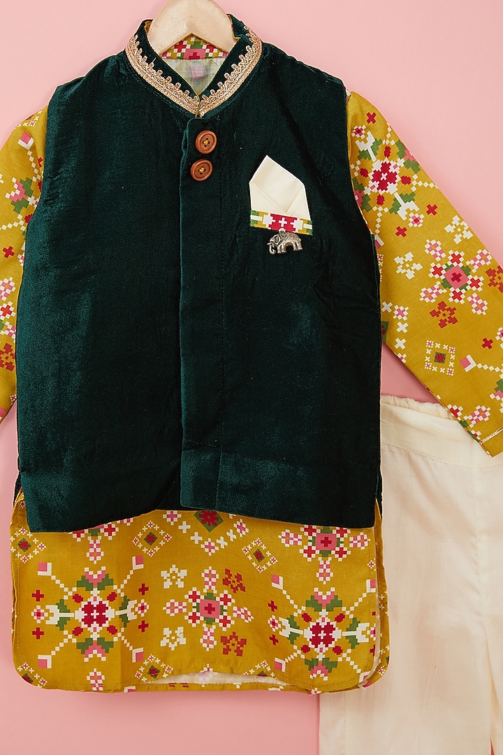 Green Velvet Nehru Jacket Set For Boys by ATIJAH at Pernia's Pop Up Shop