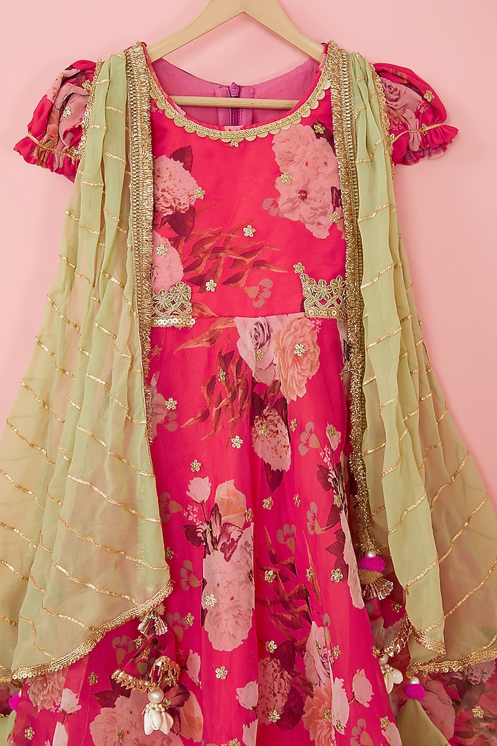Pink Organza Anarkali Set For Girls by ATIJAH at Pernia's Pop Up Shop