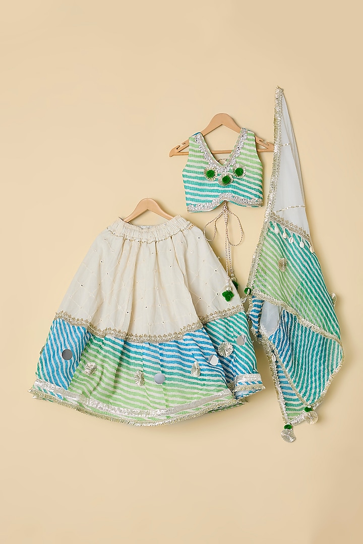 Off-White & Blue Cotton Mirror Embroidered Leheriya Lehenga Set For Girls by ATIJAH at Pernia's Pop Up Shop