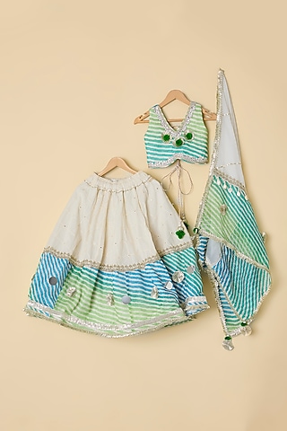 Off-White & Blue Cotton Mirror Embroidered Leheriya Lehenga Set For Girls by ATIJAH
