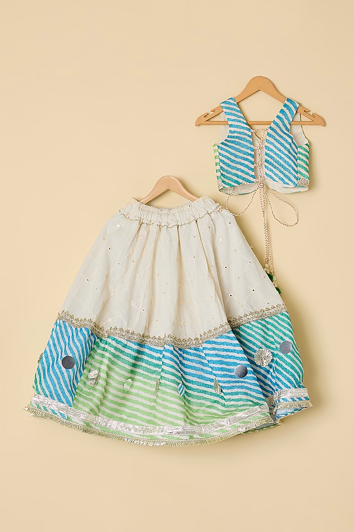 Off-White & Blue Cotton Mirror Embroidered Leheriya Lehenga Set For Girls by ATIJAH at Pernia's Pop Up Shop