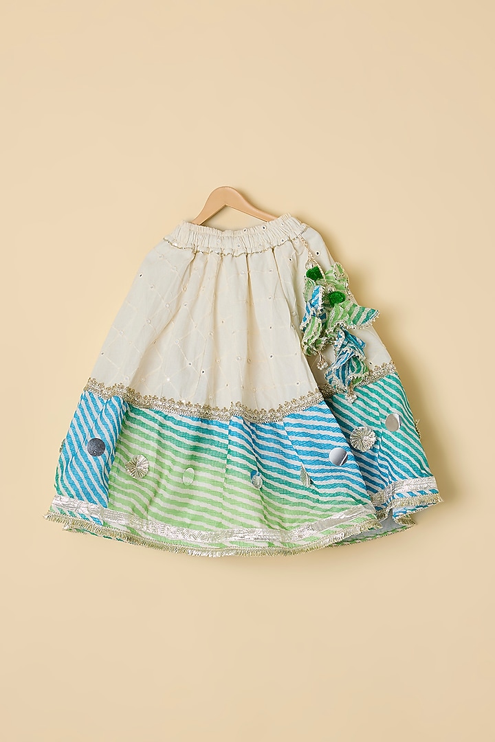 Off-White & Blue Cotton Mirror Embroidered Leheriya Lehenga Set For Girls by ATIJAH at Pernia's Pop Up Shop