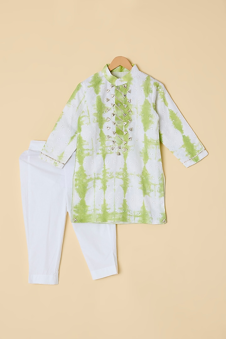 Green Cotton Tie- Dye Kurta Set For Boys by ATIJAH at Pernia's Pop Up Shop