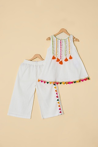 White Cotton Mirror Work Kurta Set For Girls by ATIJAH