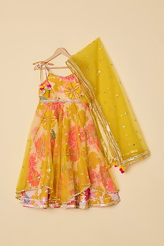 Yellow Cotton Printed Anarkali With Dupatta For Girls by ATIJAH