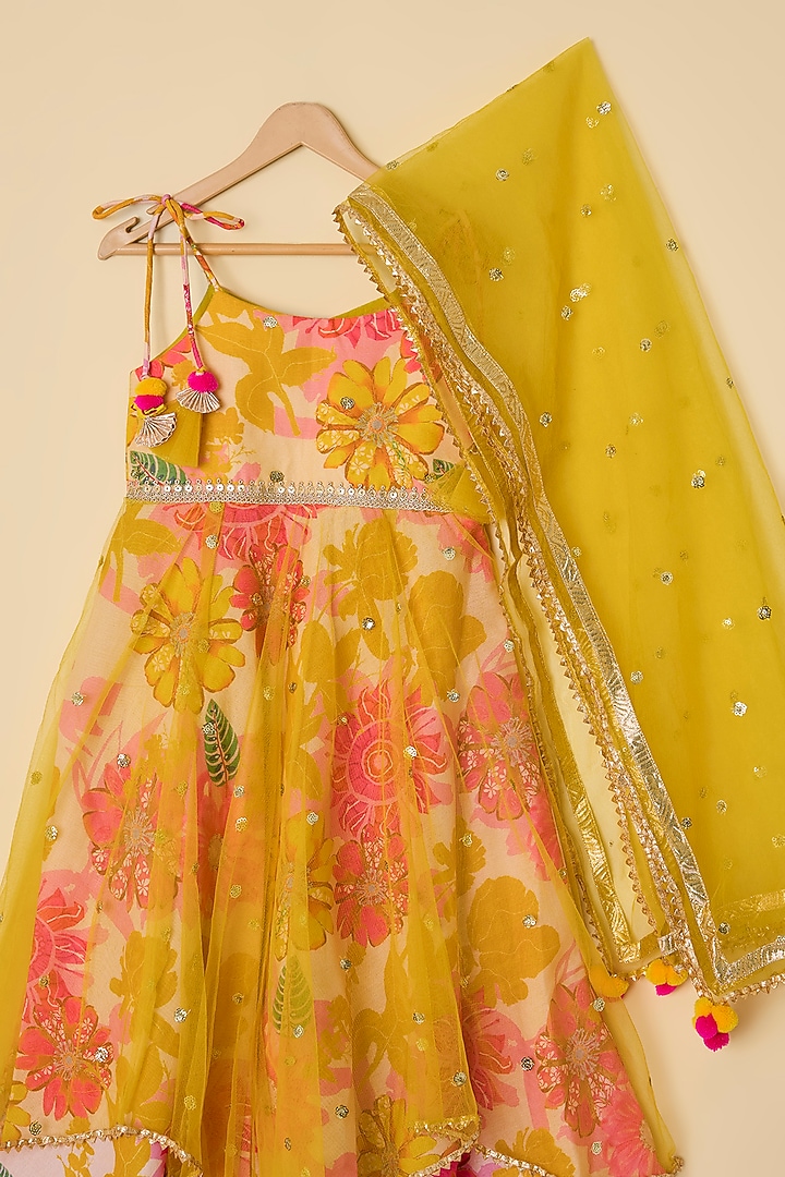 Yellow Cotton Printed Anarkali With Dupatta For Girls by ATIJAH at Pernia's Pop Up Shop