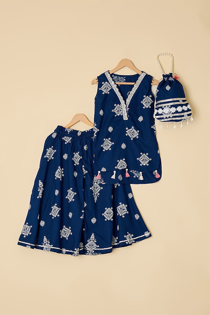Midnight Blue Cotton Printed Kurta Set For Girls by ATIJAH at Pernia's Pop Up Shop