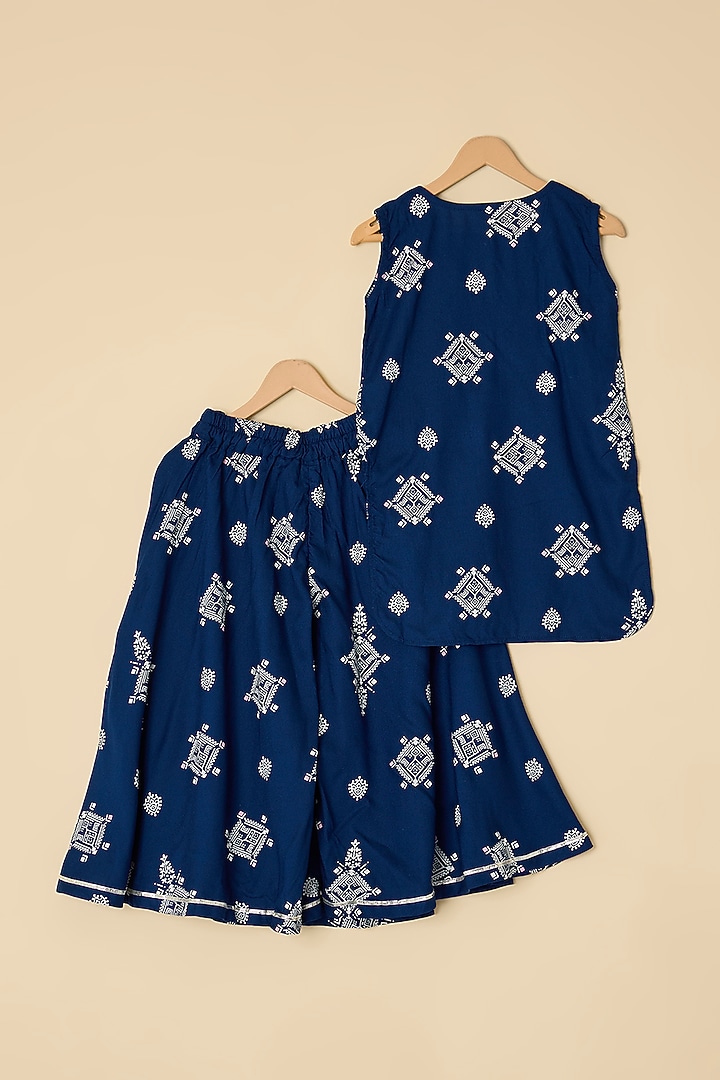 Midnight Blue Cotton Printed Kurta Set For Girls by ATIJAH at Pernia's Pop Up Shop