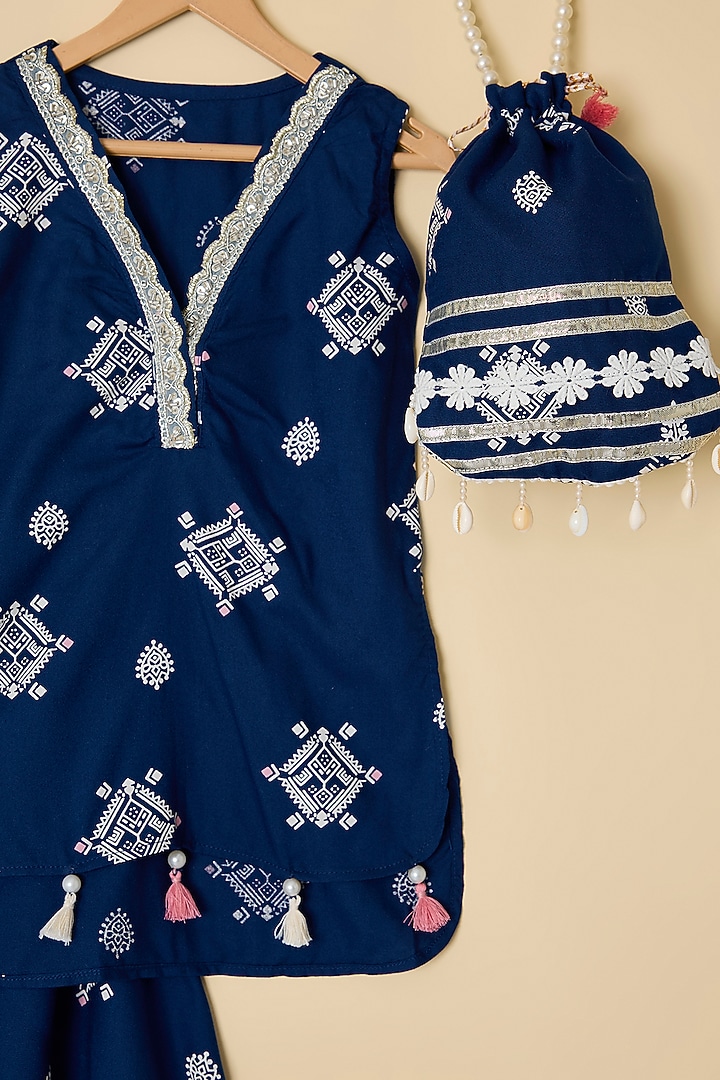 Midnight Blue Cotton Printed Kurta Set For Girls by ATIJAH at Pernia's Pop Up Shop