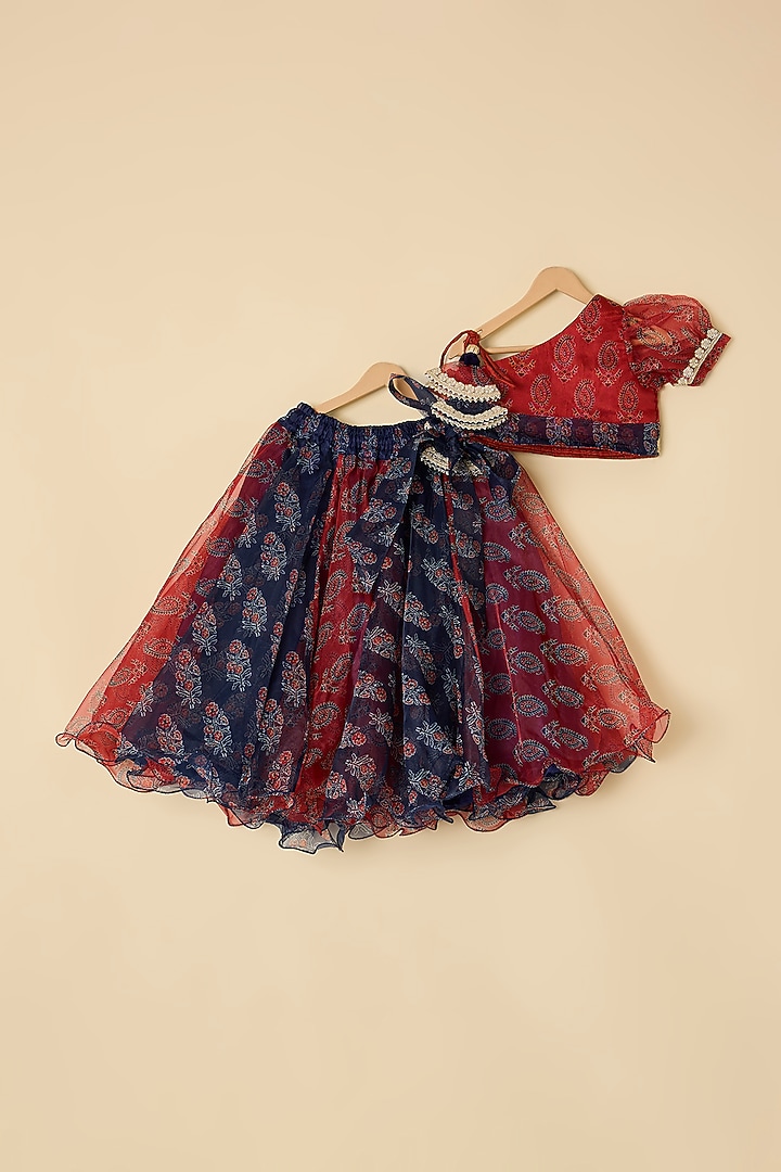 Maroon & Midnight Blue Organza Lehenga Set For Girls by ATIJAH at Pernia's Pop Up Shop