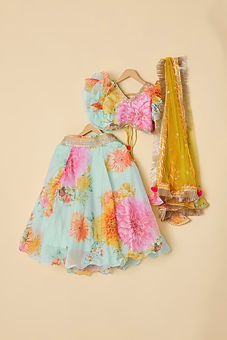Powder Blue Organza Printed Lehenga Set For Girls by ATIJAH