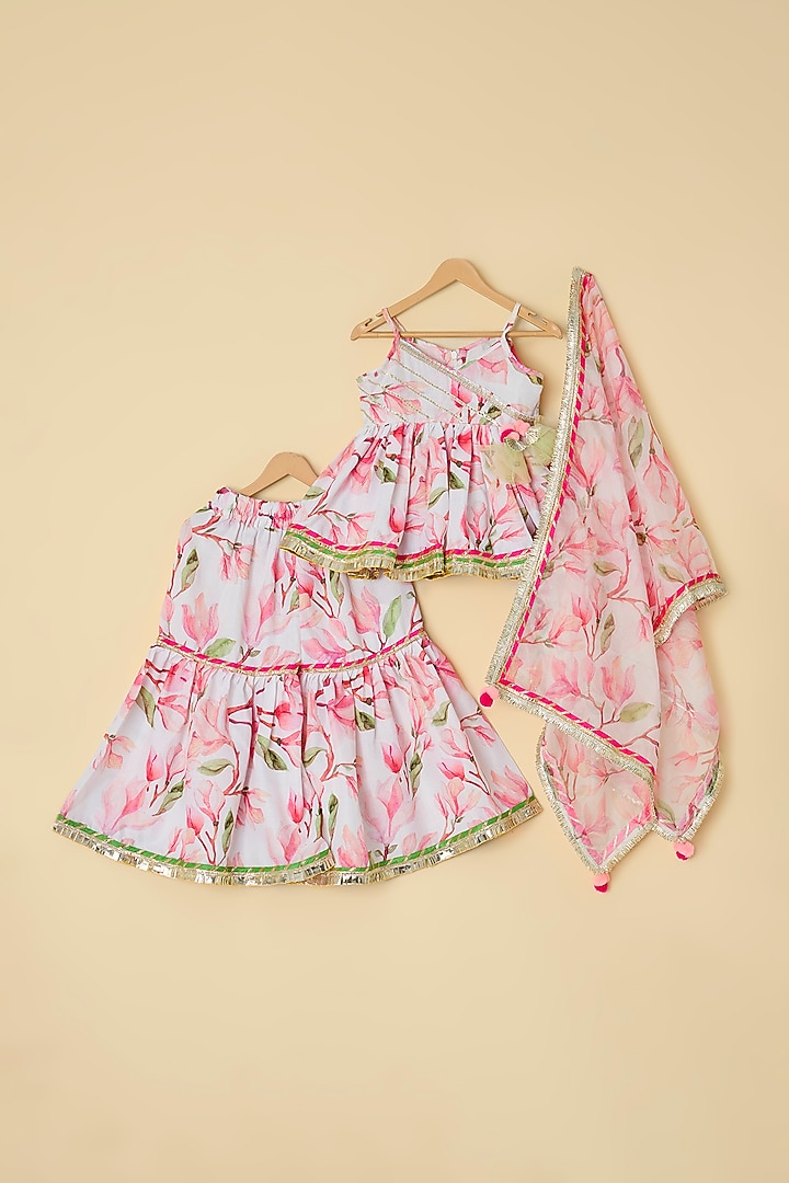 White & Pink Linen Printed Sharara Set For Girls by ATIJAH at Pernia's Pop Up Shop