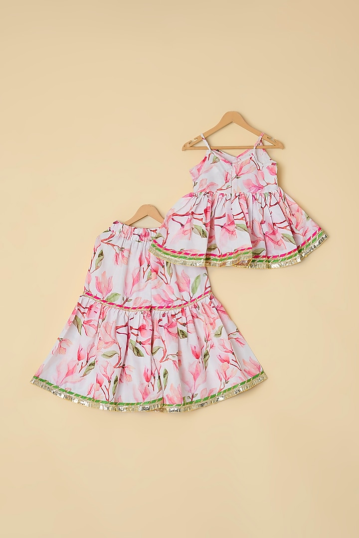 White & Pink Linen Printed Sharara Set For Girls by ATIJAH at Pernia's Pop Up Shop