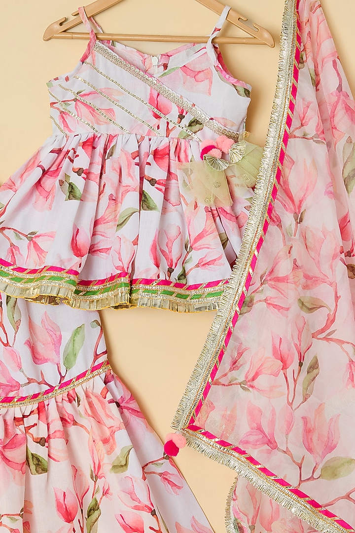 White & Pink Linen Printed Sharara Set For Girls by ATIJAH at Pernia's Pop Up Shop