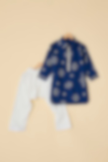 Midnight Blue Cotton Printed Pathani Kurta Set For Boys by ATIJAH at Pernia's Pop Up Shop