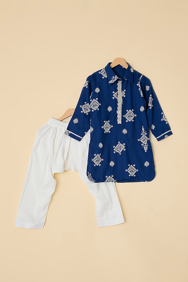 Midnight Blue Cotton Printed Pathani Kurta Set For Boys by ATIJAH at Pernia's Pop Up Shop