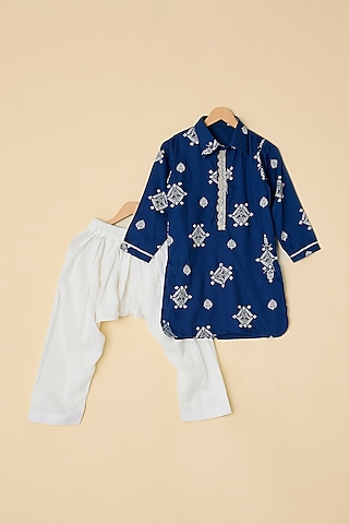 Midnight Blue Cotton Printed Pathani Kurta Set For Boys by ATIJAH