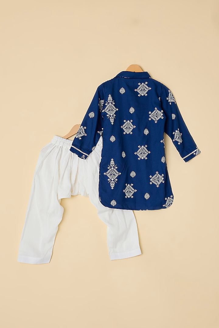 Midnight Blue Cotton Printed Pathani Kurta Set For Boys by ATIJAH at Pernia's Pop Up Shop