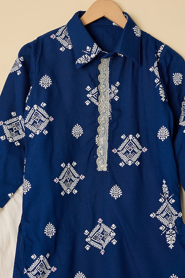 Midnight Blue Cotton Printed Pathani Kurta Set For Boys by ATIJAH at Pernia's Pop Up Shop