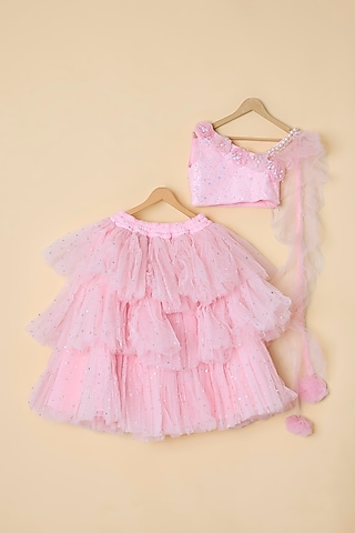 Pink Net Layered Lehenga Set For Girls by ATIJAH