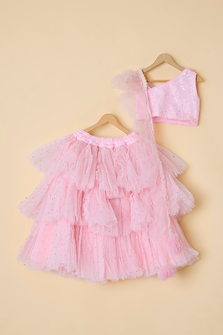 Pink Net Layered Lehenga Set For Girls by ATIJAH at Pernia's Pop Up Shop