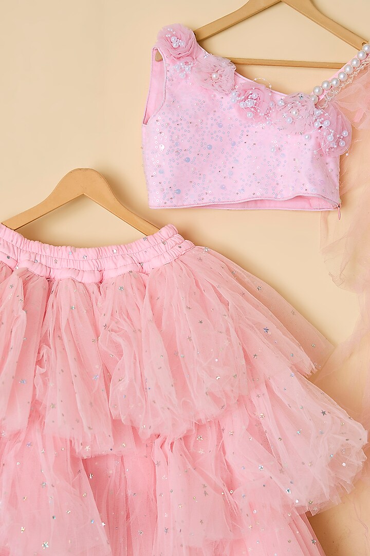 Pink Net Layered Lehenga Set For Girls by ATIJAH at Pernia's Pop Up Shop