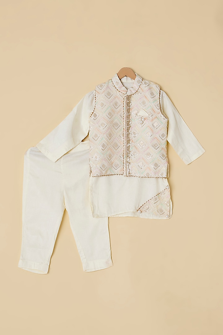 Off-White Silk Embroidered Nehru Jacket Set For Boys by ATIJAH at Pernia's Pop Up Shop