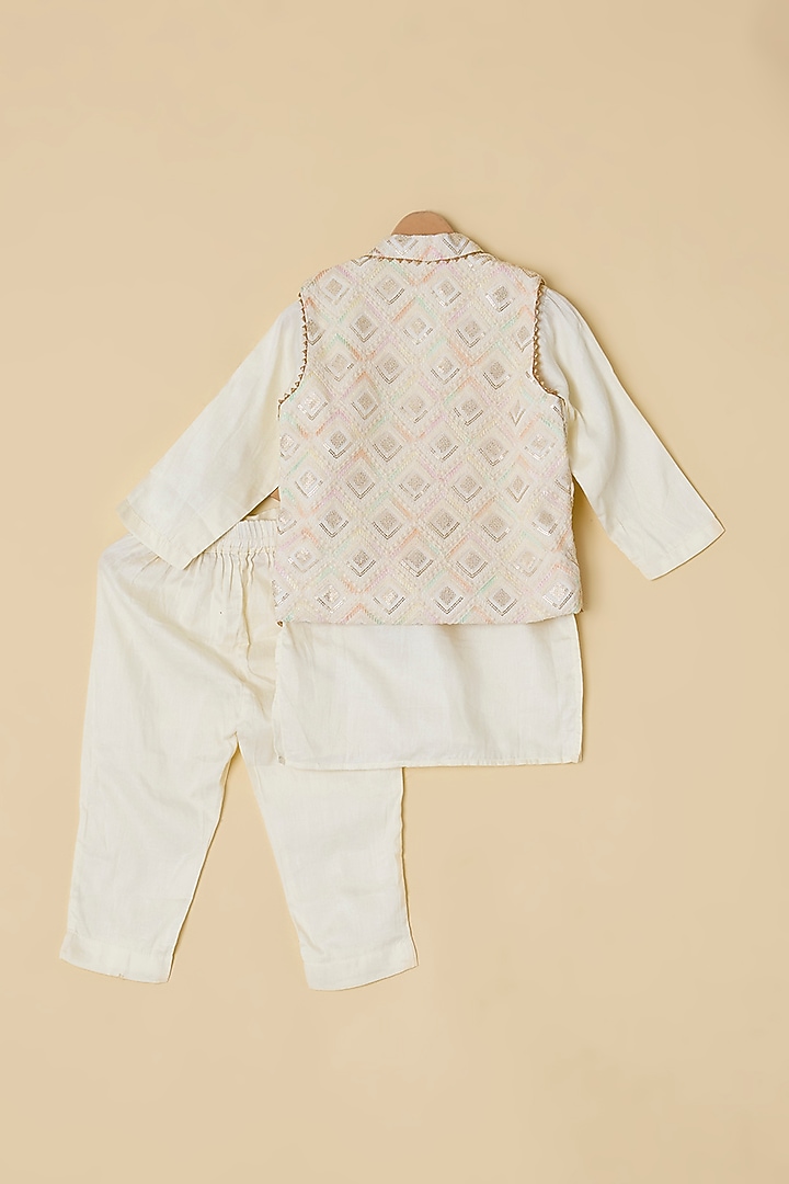 Off-White Silk Embroidered Nehru Jacket Set For Boys by ATIJAH at Pernia's Pop Up Shop