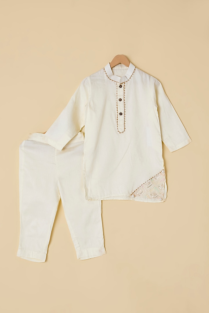 Off-White Silk Embroidered Nehru Jacket Set For Boys by ATIJAH at Pernia's Pop Up Shop