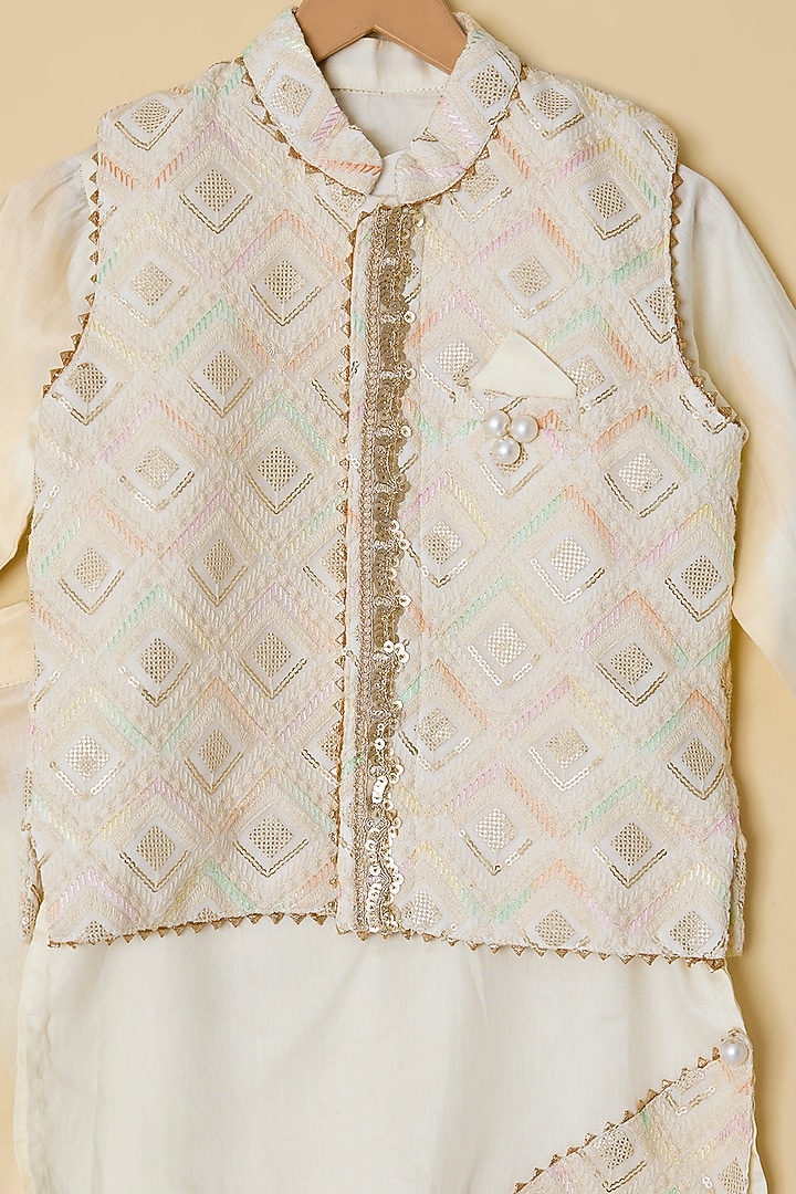 Off-White Silk Embroidered Nehru Jacket Set For Boys by ATIJAH at Pernia's Pop Up Shop