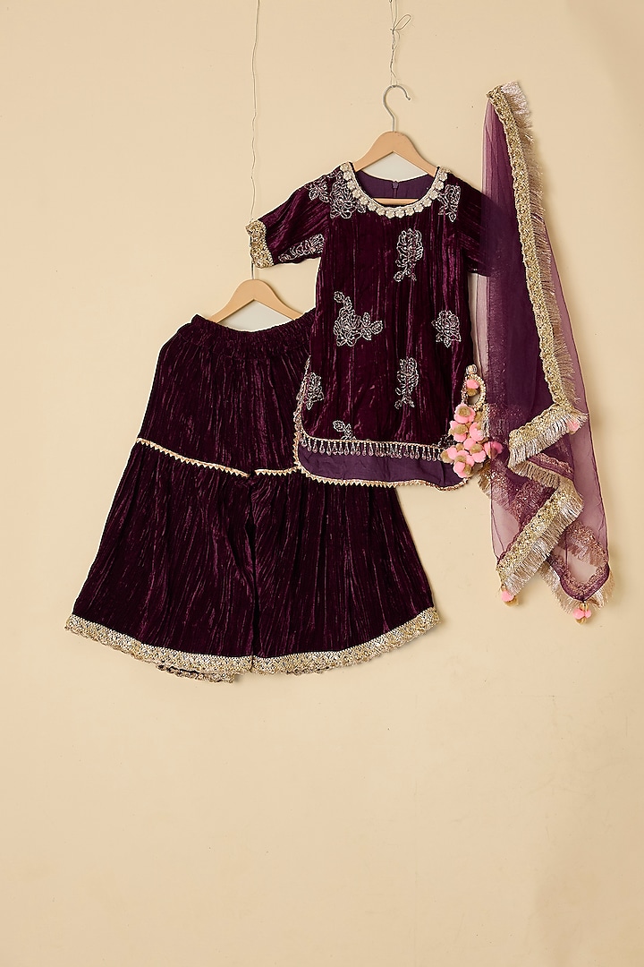 Wine Velvet Embroidered Lehenga Set For Girls by ATIJAH at Pernia's Pop Up Shop