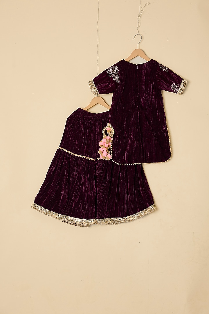 Wine Velvet Embroidered Lehenga Set For Girls by ATIJAH at Pernia's Pop Up Shop