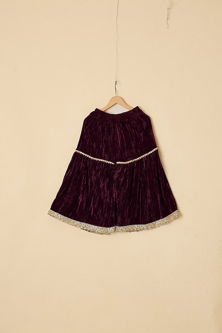 Wine Velvet Embroidered Lehenga Set For Girls by ATIJAH at Pernia's Pop Up Shop
