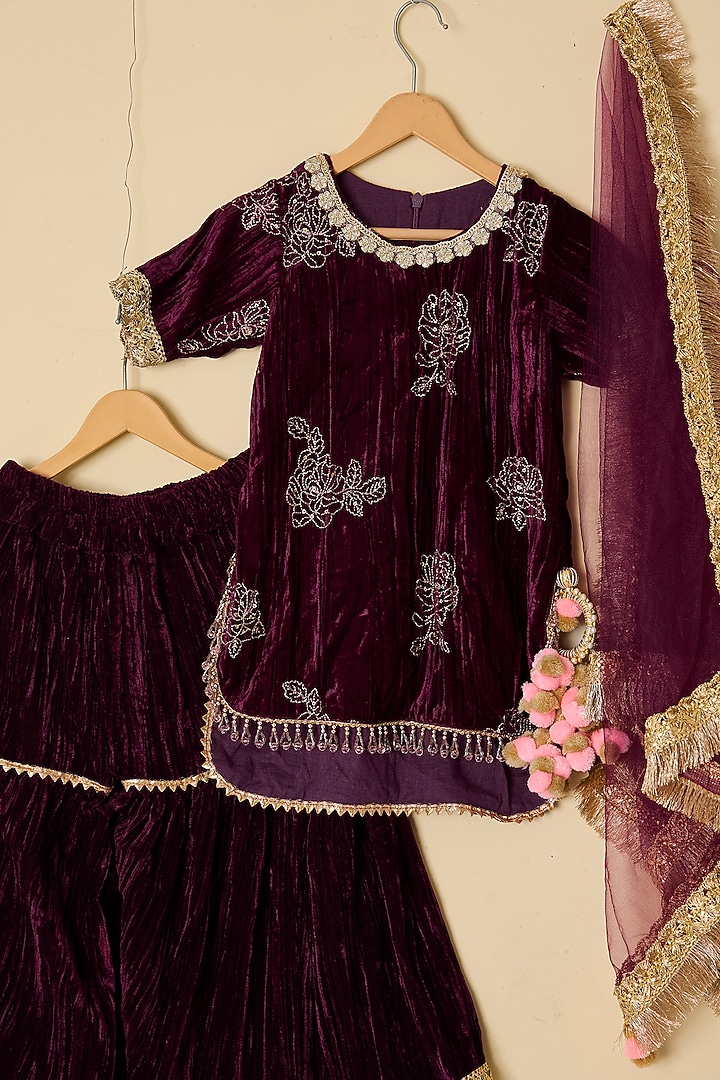 Wine Velvet Embroidered Lehenga Set For Girls by ATIJAH at Pernia's Pop Up Shop