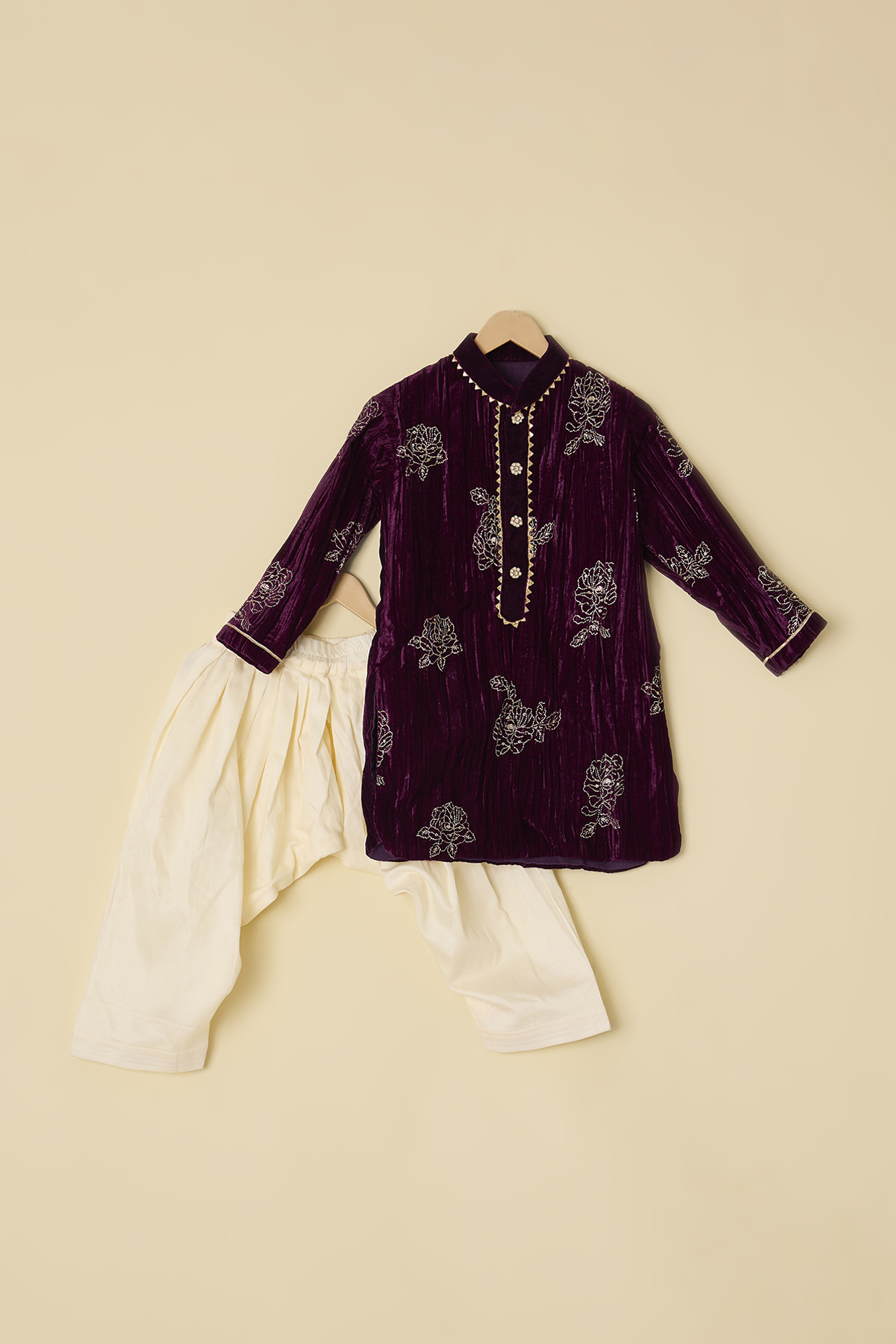 Wine Velvet & Silk Embroidered Kurta Set For Boys by ATIJAH