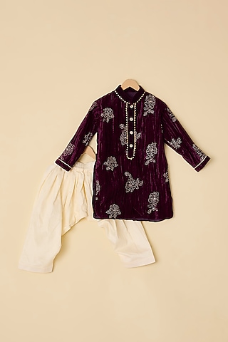Wine Velvet & Silk Embroidered Kurta Set For Boys by ATIJAH