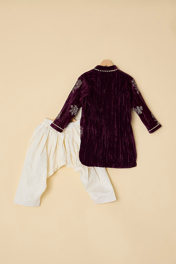 Wine Velvet & Silk Embroidered Kurta Set For Boys by ATIJAH at Pernia's Pop Up Shop