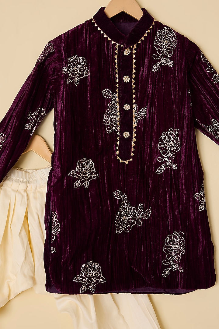 Wine Velvet & Silk Embroidered Kurta Set For Boys by ATIJAH at Pernia's Pop Up Shop