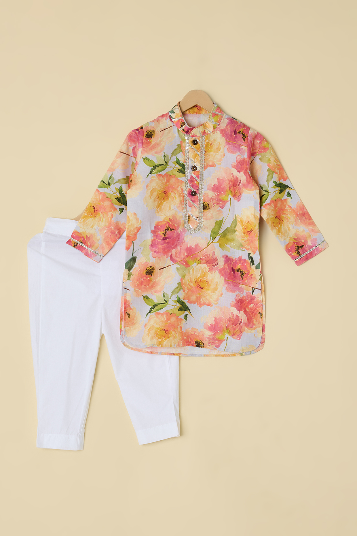 Pink Cotton Floral Printed Kurta Set For Boys by ATIJAH