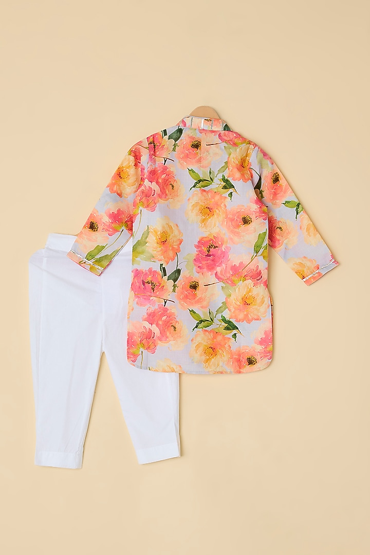 Pink Cotton Floral Printed Kurta Set For Boys by ATIJAH at Pernia's Pop Up Shop
