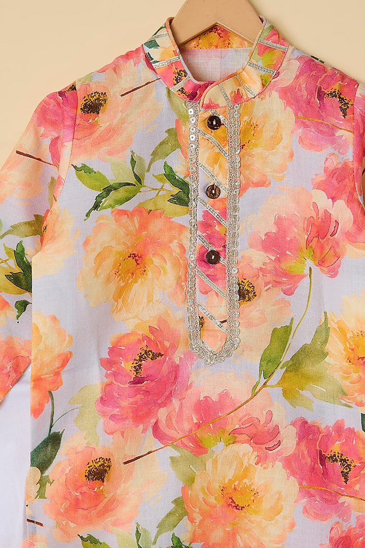 Pink Cotton Floral Printed Kurta Set For Boys by ATIJAH at Pernia's Pop Up Shop