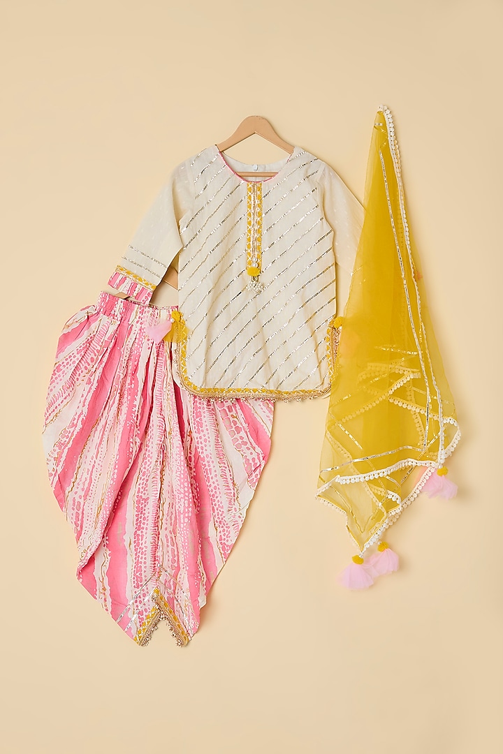 Pink Cotton Printed Dhoti Set For Girls by ATIJAH at Pernia's Pop Up Shop