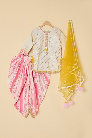 Pink Cotton Printed Dhoti Set For Girls by ATIJAH